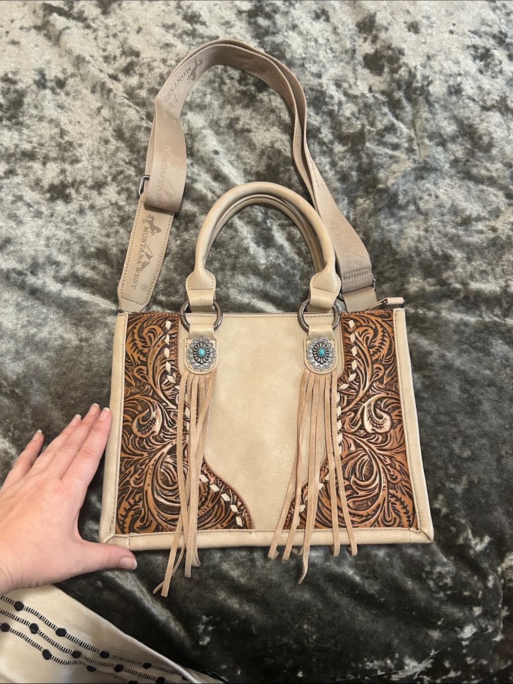 Montana West Beige Satchel with Tooled Brown Panels and Turquoise Conchos